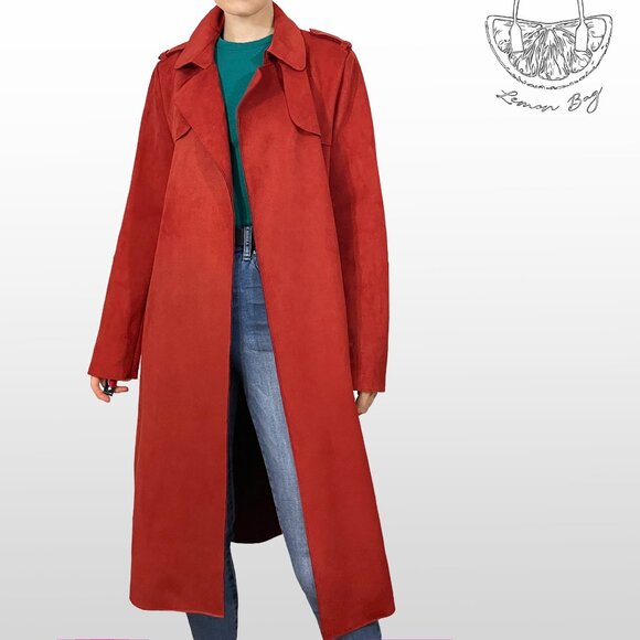 Forever 21 / Midi Wrap Suede Trench Coat / Color Brick Red/ Size S - Picture 2 of 7